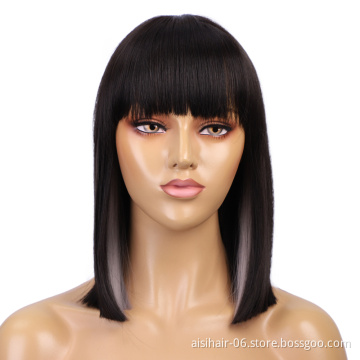 Hot sell Black White Natural Straight Hair Wigs for Black Women Synthetic Wigs with Bang Middle Part Heat Resistant Wig